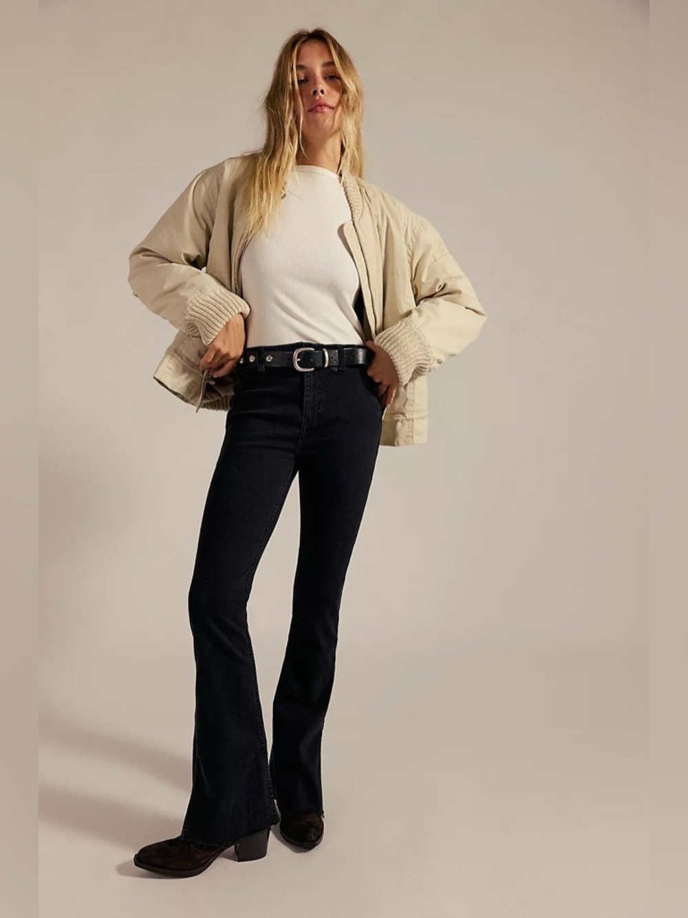 Free People We The Free Level Up Slit Slim Flare Jeans Black Soft Stretch Denim
